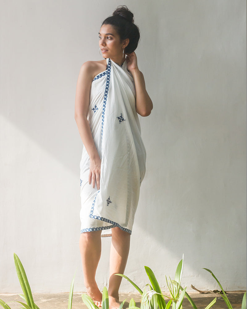Aloe Vera Infused White Organic Cotton Sarong with Hand Embroidery