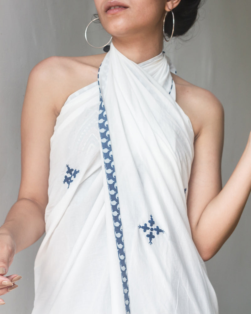 Aloe Vera Infused White Organic Cotton Sarong with Hand Embroidery