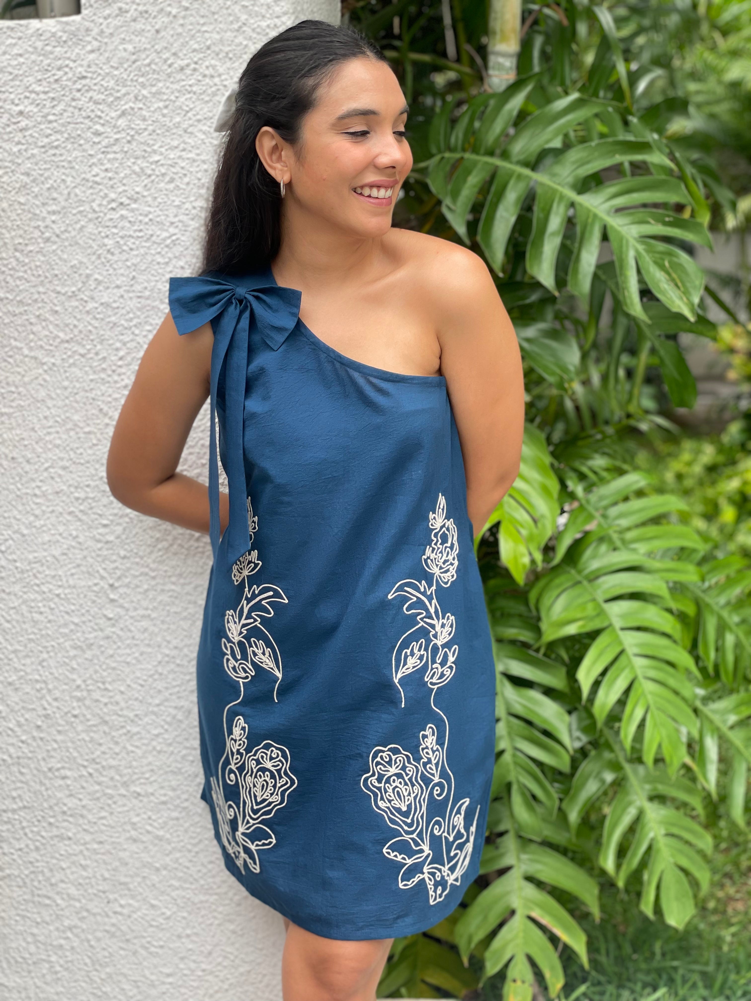Midnight Bloom One-Shoulder Organic Cotton Dress